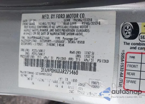 2010 Ford Fusion Se from USA, damaged, VIN 3FAHP0HAXAR275460